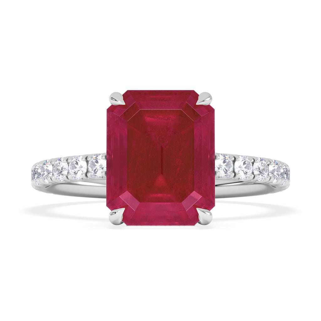 Amora Gem 2.50ct Emerald Cut Lab Ruby Hidden Halo Engagement Ring with Side Stones in 18K White Gold