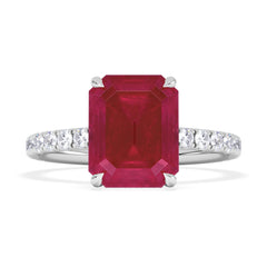 Amora Gem 2.50ct Emerald Cut Lab Ruby Hidden Halo Engagement Ring with Side Stones in 18K White Gold