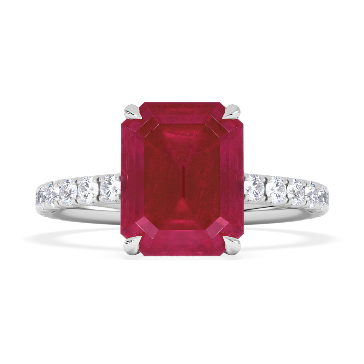 Amora Gem 2.50ct Emerald Cut Lab Ruby Hidden Halo Engagement Ring with Side Stones in 18K White Gold