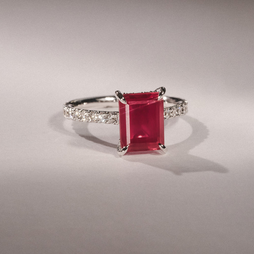 Amora Gem 2.50ct Emerald Cut Lab Ruby Hidden Halo Engagement Ring with Side Stones in 18K White Gold