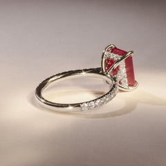 Amora Gem 2.50ct Emerald Cut Lab Ruby Hidden Halo Engagement Ring with Side Stones in 18K White Gold