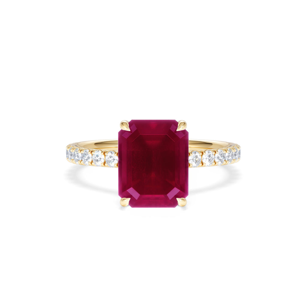 Amora 2.50ct Emerald Cut Lab Ruby Hidden Halo Engagement Ring with Side Stones in 18K Yellow Gold