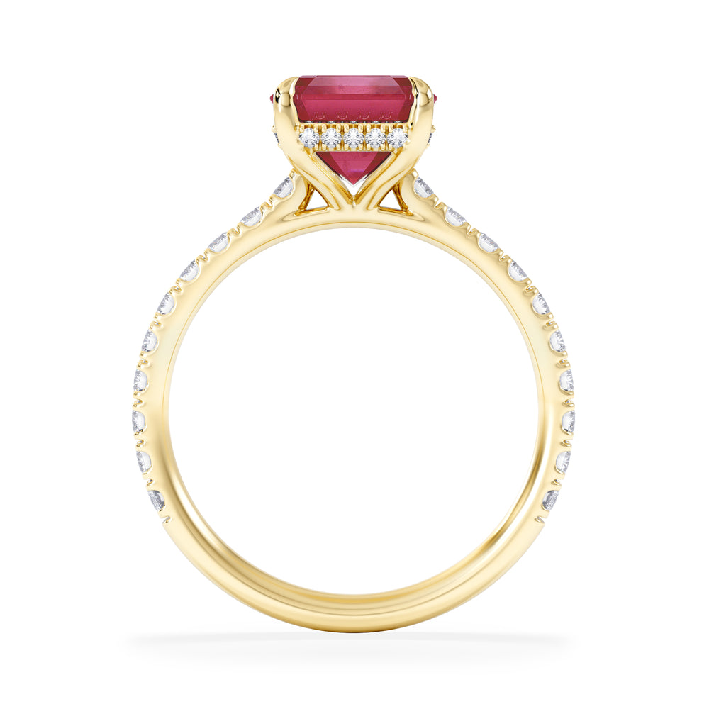 Amora Gem 2.50ct Emerald Cut Lab Ruby Hidden Halo Engagement Ring with Side Stones in 18K Yellow Gold