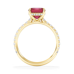 Amora Gem 2.50ct Emerald Cut Lab Ruby Hidden Halo Engagement Ring with Side Stones in 18K Yellow Gold