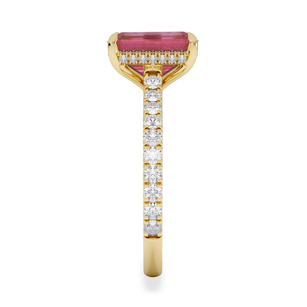 Amora Gem 2.50ct Emerald Cut Lab Ruby Hidden Halo Engagement Ring with Side Stones in 18K Yellow Gold