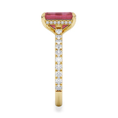 Amora Gem 2.50ct Emerald Cut Lab Ruby Hidden Halo Engagement Ring with Side Stones in 18K Yellow Gold
