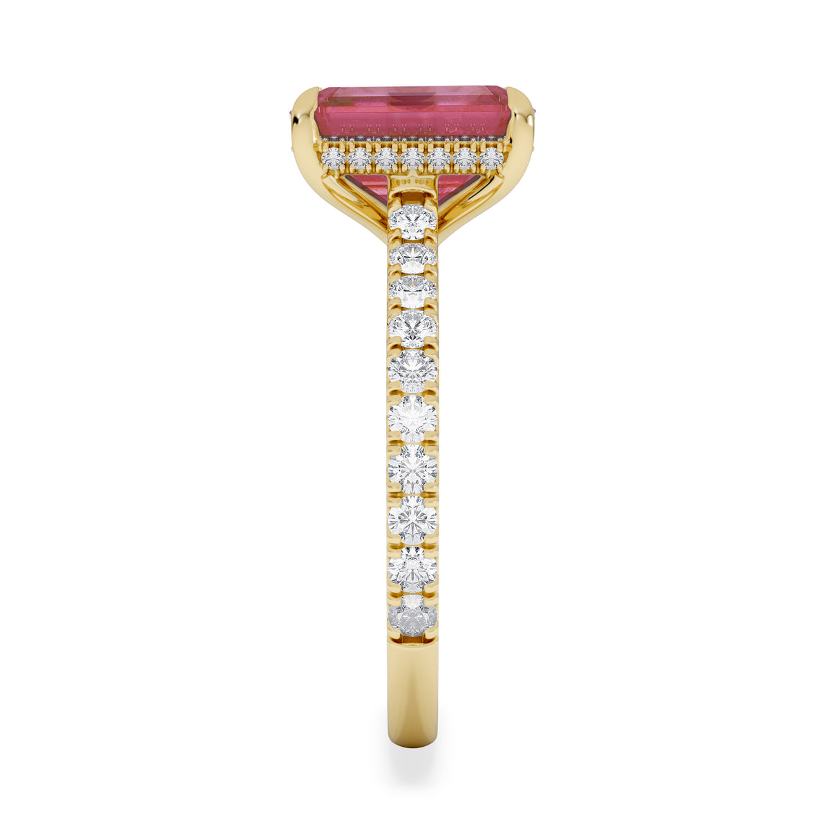 Amora Gem 2.50ct Emerald Cut Lab Ruby Hidden Halo Engagement Ring with Side Stones in 18K Yellow Gold