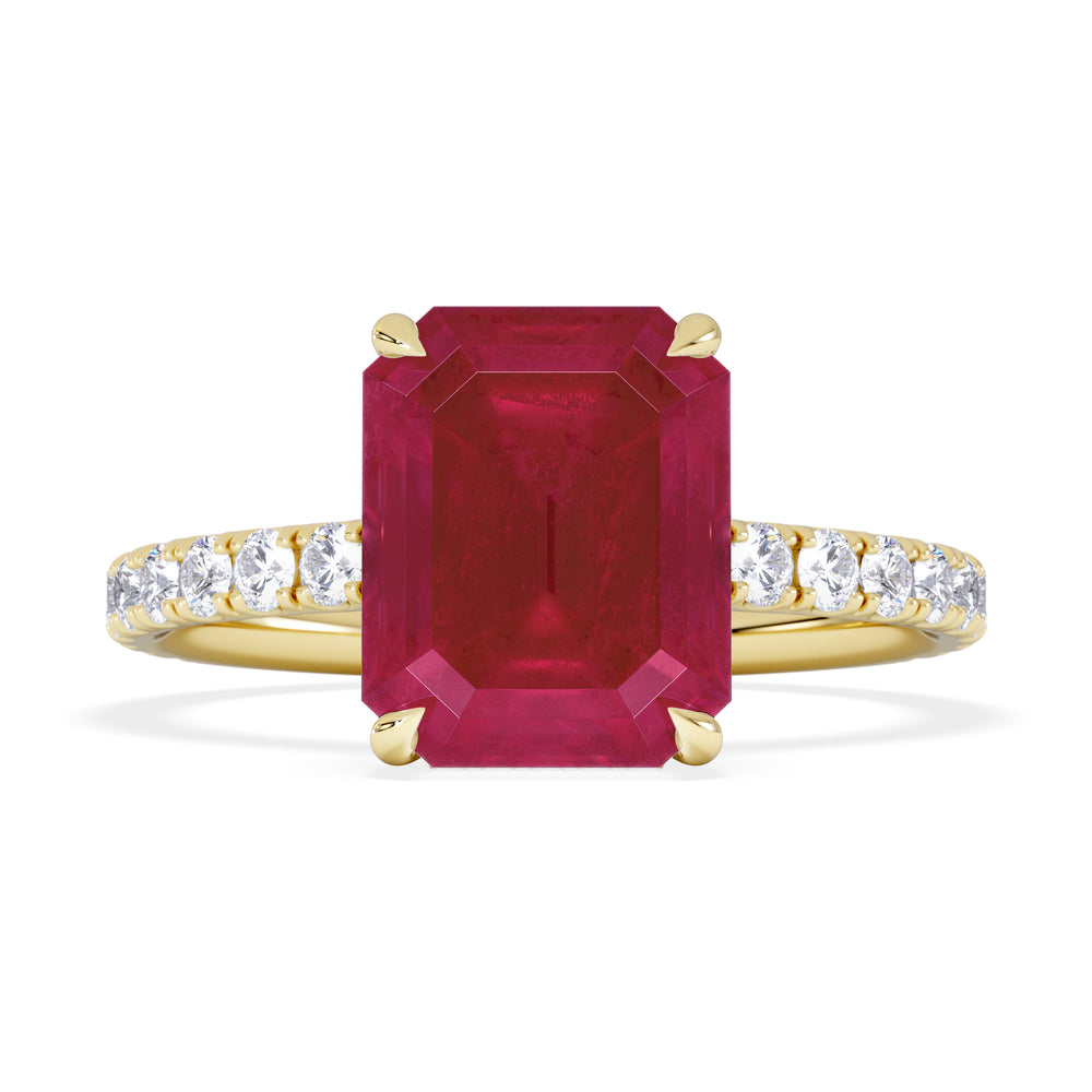 Amora Gem 2.50ct Emerald Cut Lab Ruby Hidden Halo Engagement Ring with Side Stones in 18K Yellow Gold