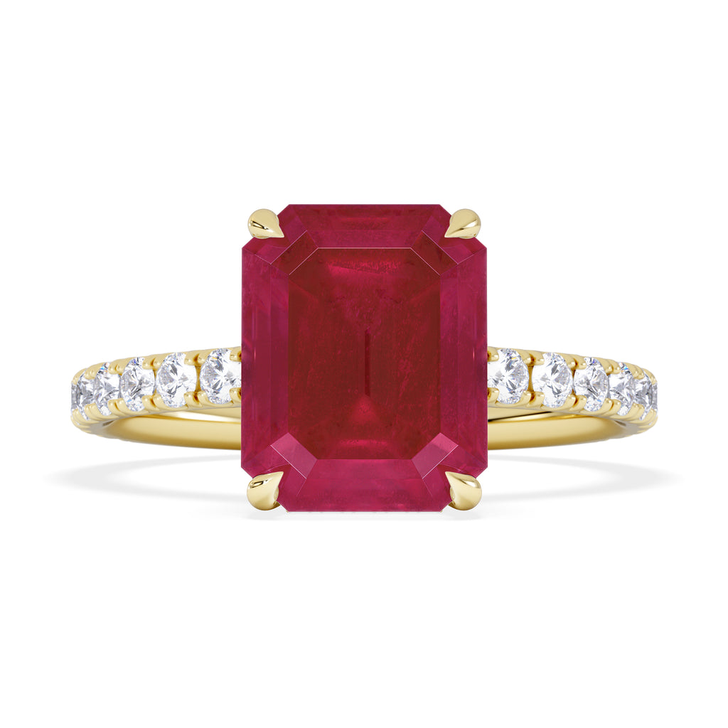 Amora Gem 2.50ct Emerald Cut Lab Ruby Hidden Halo Engagement Ring with Side Stones in 18K Yellow Gold