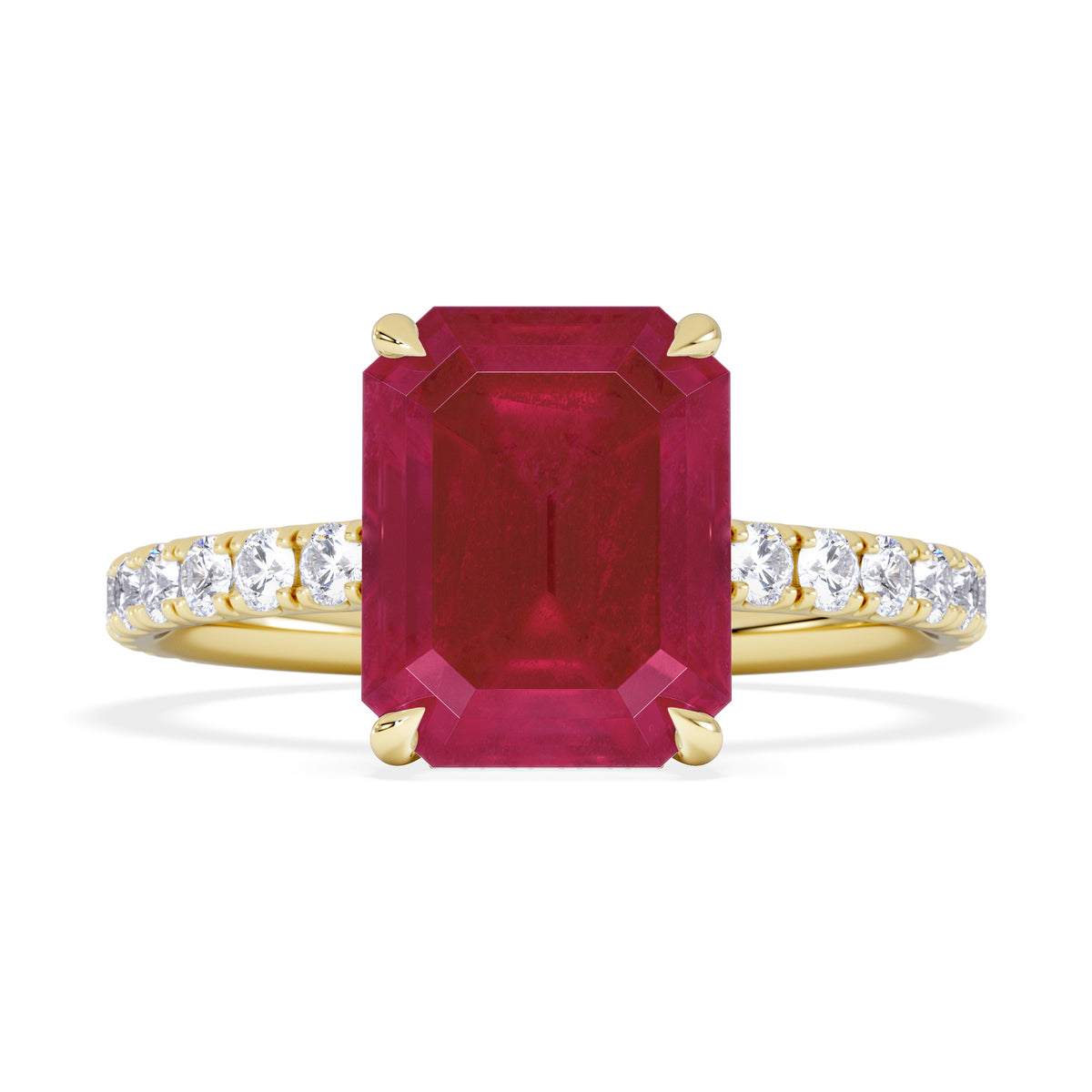 Amora Gem 2.50ct Emerald Cut Lab Ruby Hidden Halo Engagement Ring with Side Stones in 18K Yellow Gold