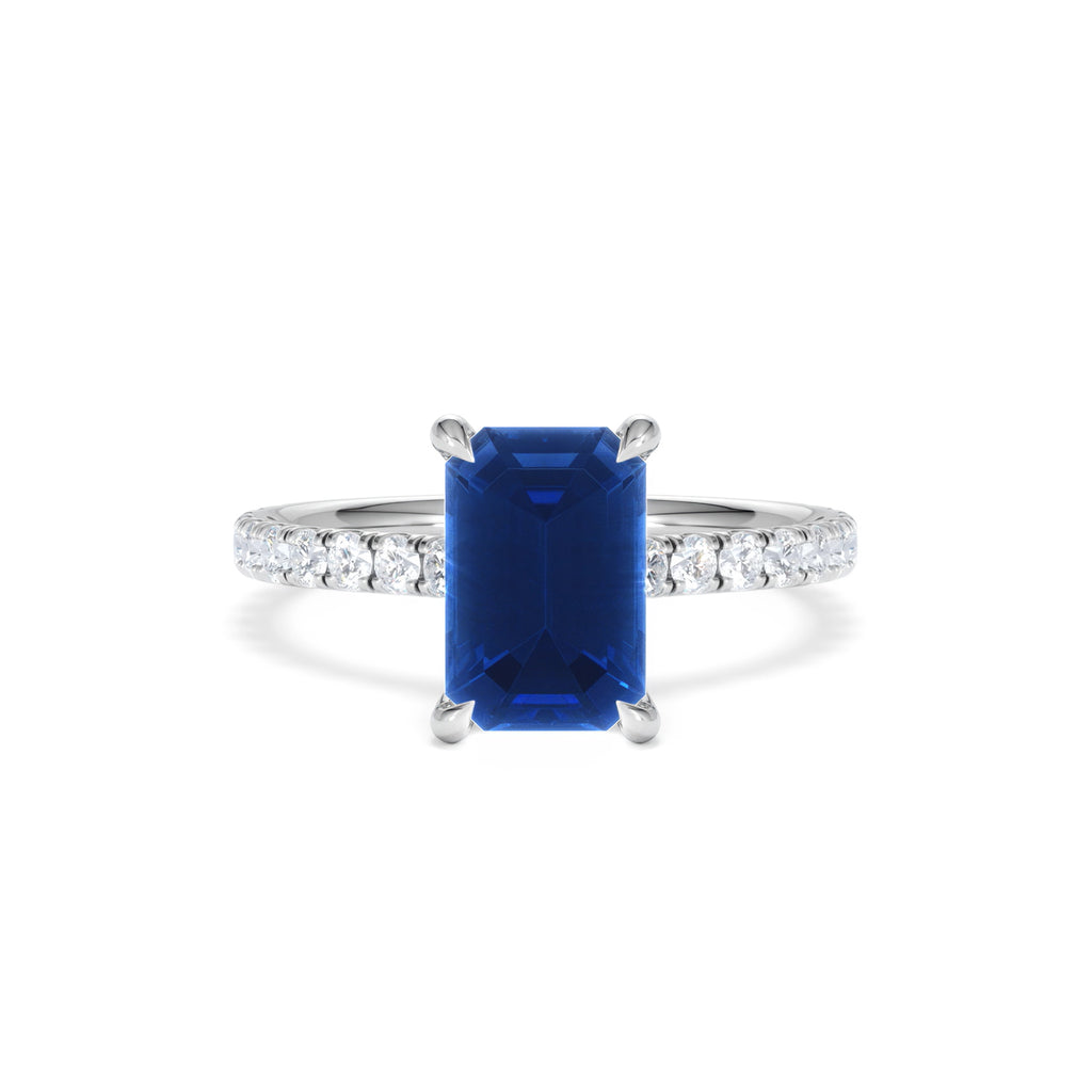 Amora 2.50ct Emerald Cut Lab Sapphire Hidden Halo Engagement Ring with Side Stones in 18K White Gold