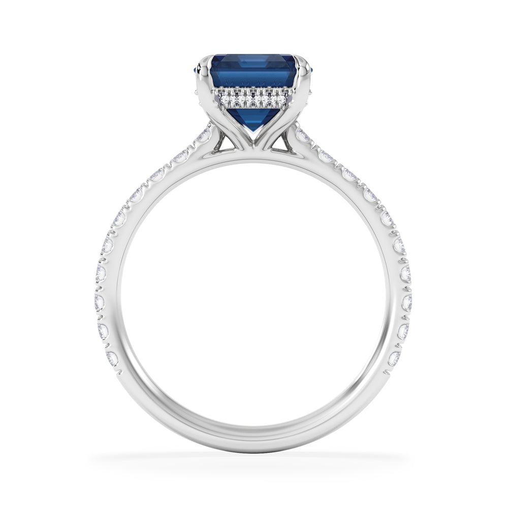 Amora Gem 2.50ct Emerald Cut Lab Sapphire Hidden Halo Engagement Ring with Side Stones in 18K White Gold