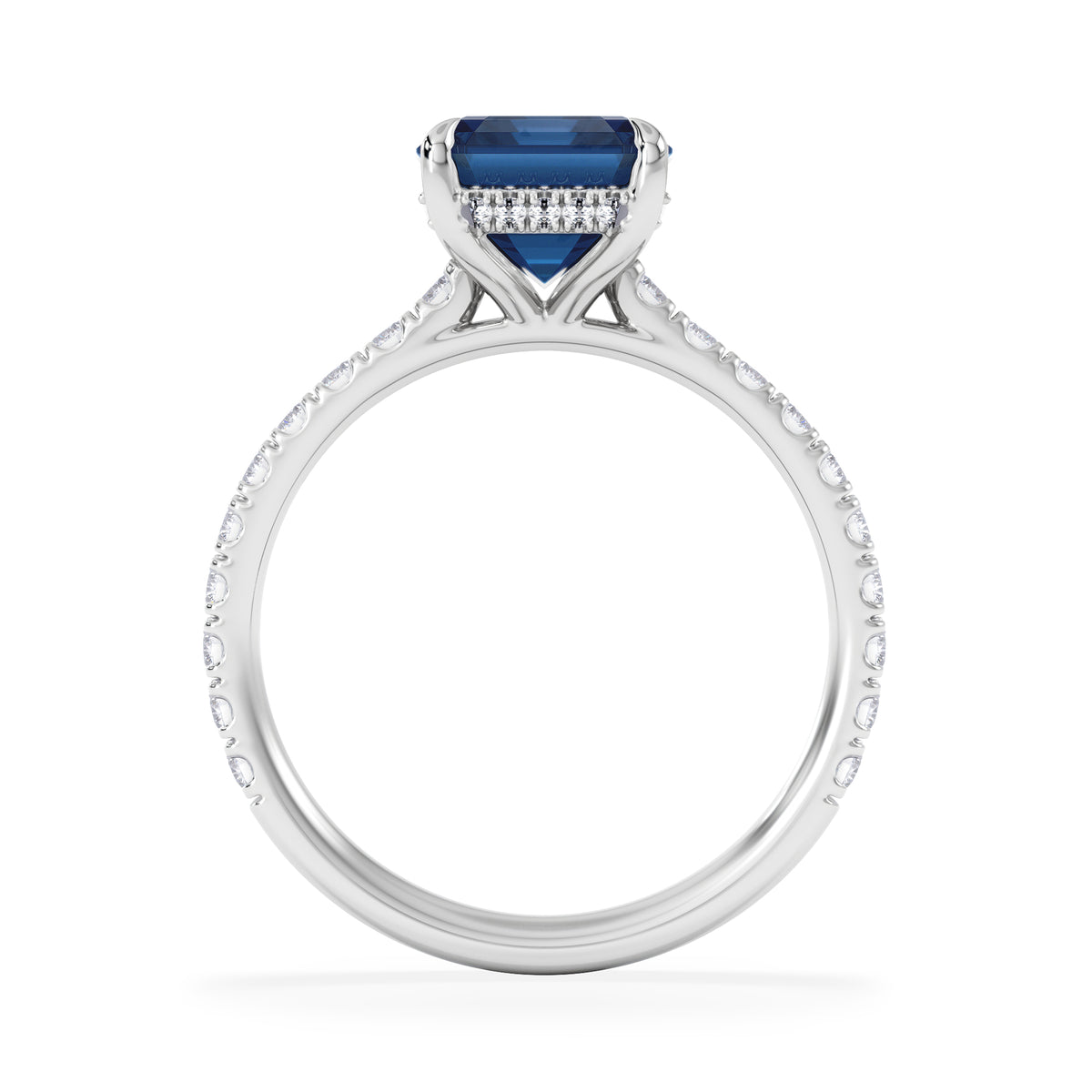 Amora Gem 2.50ct Emerald Cut Lab Sapphire Hidden Halo Engagement Ring with Side Stones in 18K White Gold