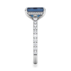 Amora Gem 2.50ct Emerald Cut Lab Sapphire Hidden Halo Engagement Ring with Side Stones in 18K White Gold