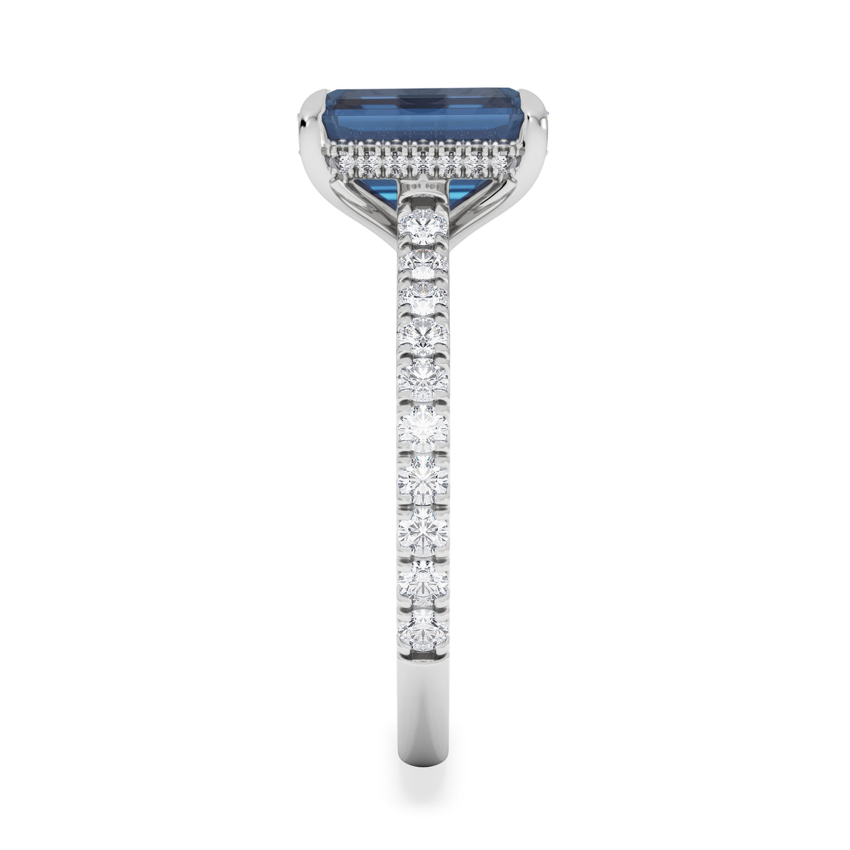 Amora Gem 2.50ct Emerald Cut Lab Sapphire Hidden Halo Engagement Ring with Side Stones in 18K White Gold