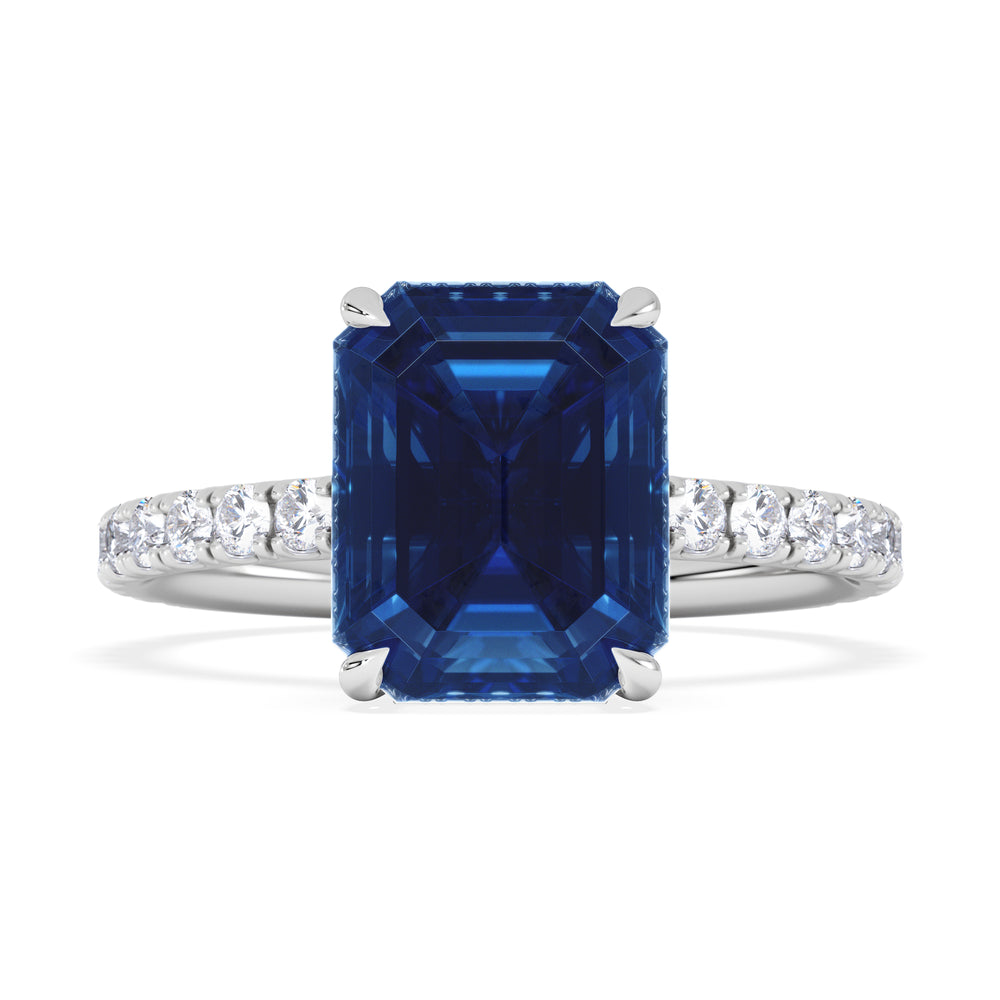 Amora Gem 2.50ct Emerald Cut Lab Sapphire Hidden Halo Engagement Ring with Side Stones in 18K White Gold
