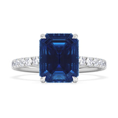 Amora Gem 2.50ct Emerald Cut Lab Sapphire Hidden Halo Engagement Ring with Side Stones in 18K White Gold