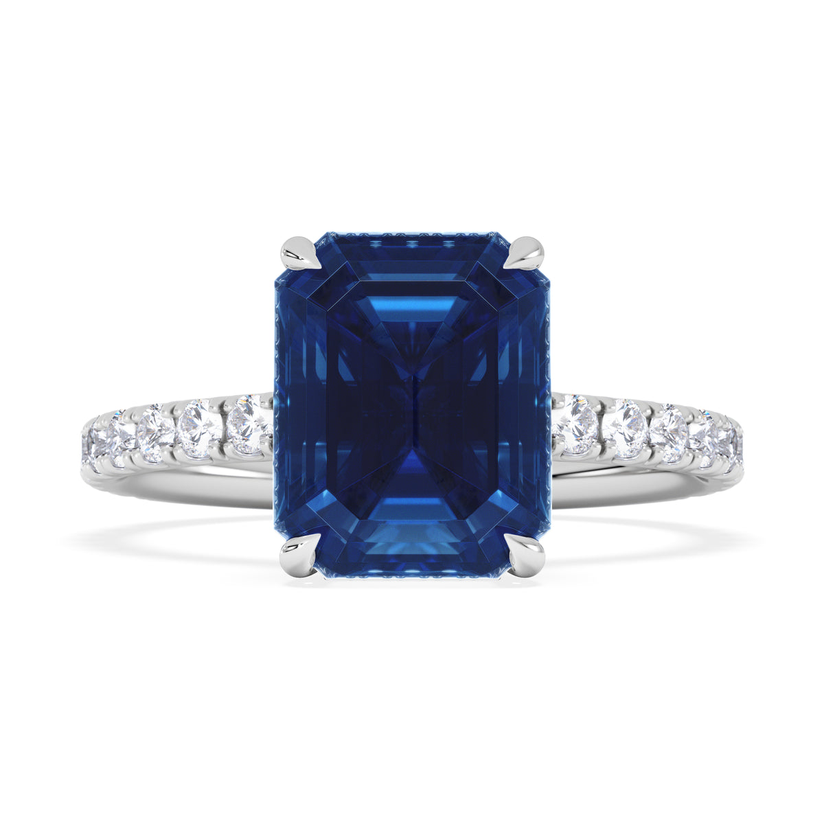 Amora Gem 2.50ct Emerald Cut Lab Sapphire Hidden Halo Engagement Ring with Side Stones in 18K White Gold