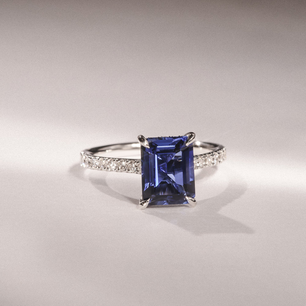 Amora Gem 2.50ct Emerald Cut Lab Sapphire Hidden Halo Engagement Ring with Side Stones in 18K White Gold
