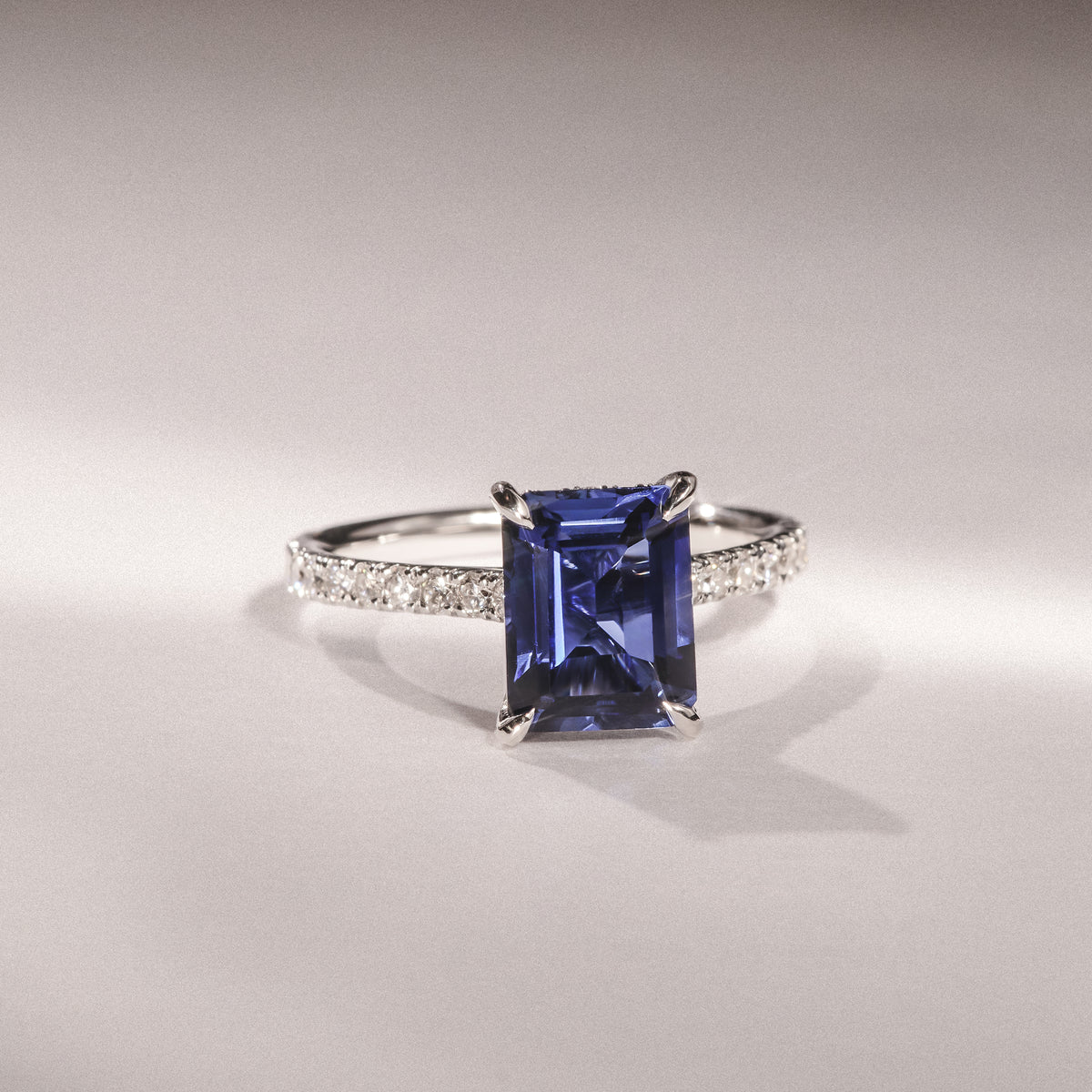 Amora Gem 2.50ct Emerald Cut Lab Sapphire Hidden Halo Engagement Ring with Side Stones in 18K White Gold