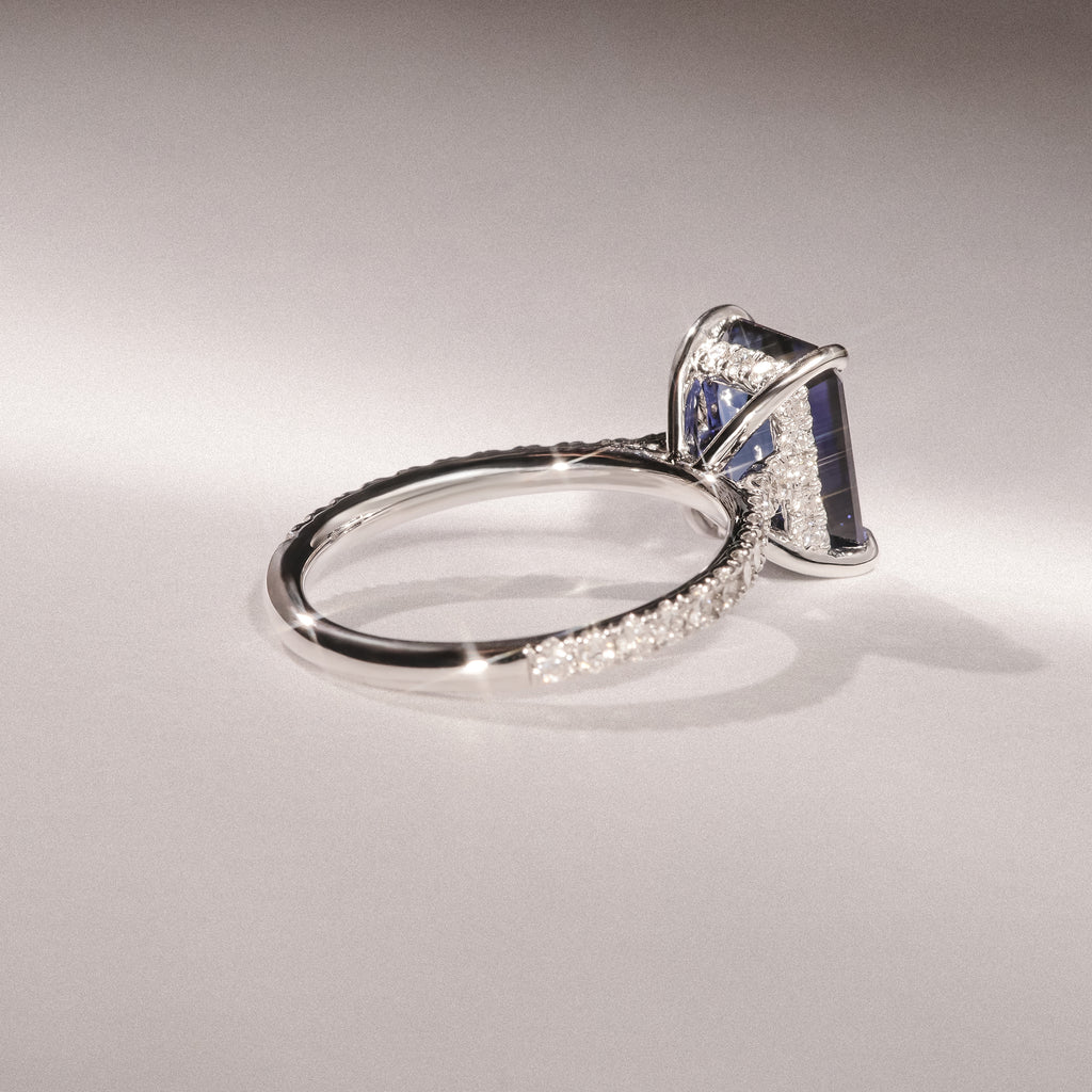 Amora Gem 2.50ct Emerald Cut Lab Sapphire Hidden Halo Engagement Ring with Side Stones in 18K White Gold