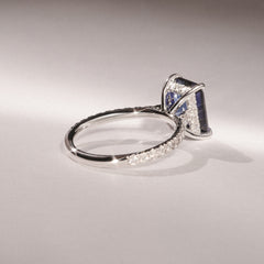 Amora Gem 2.50ct Emerald Cut Lab Sapphire Hidden Halo Engagement Ring with Side Stones in 18K White Gold