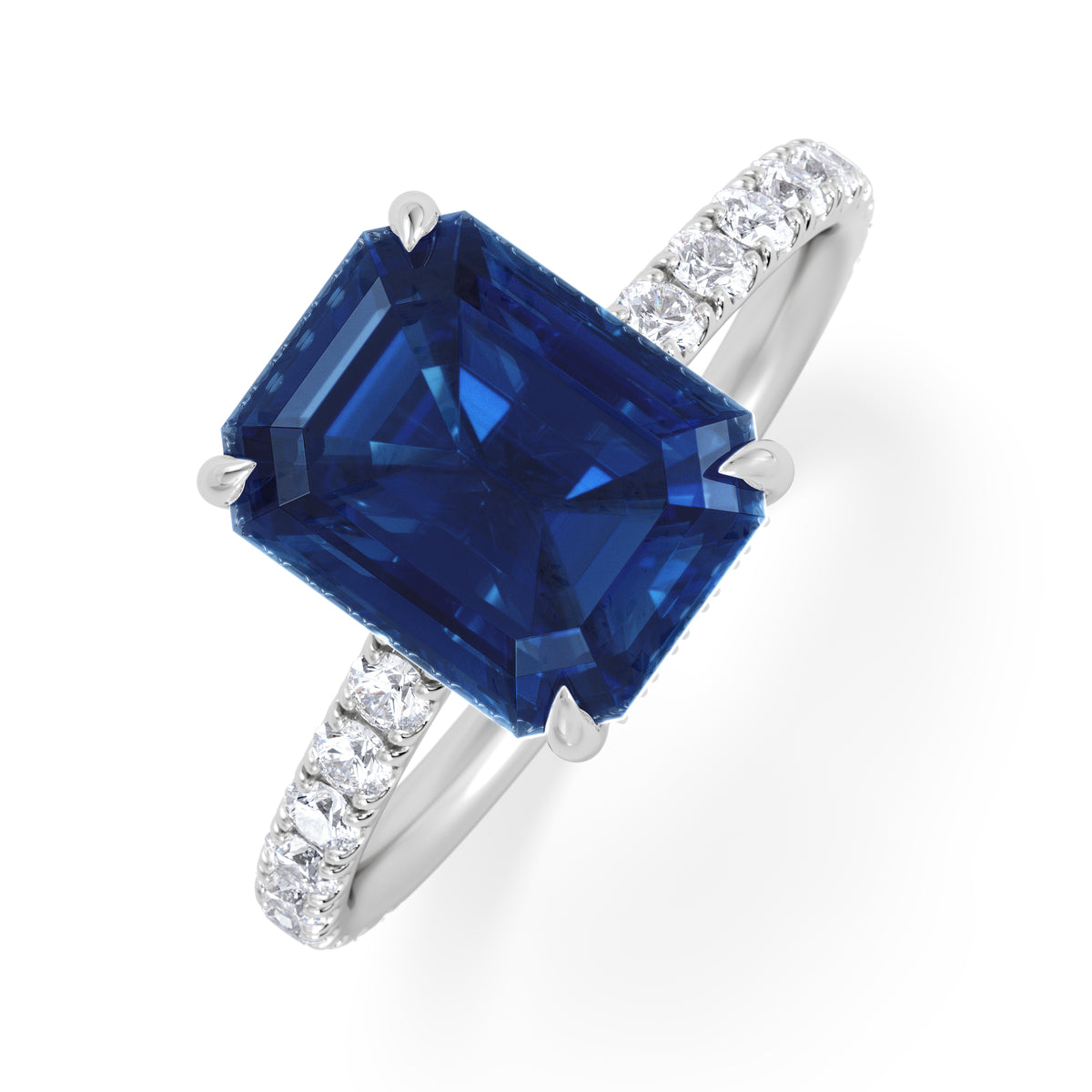 Amora Gem 2.50ct Emerald Cut Lab Sapphire Hidden Halo Engagement Ring with Side Stones in 18K White Gold