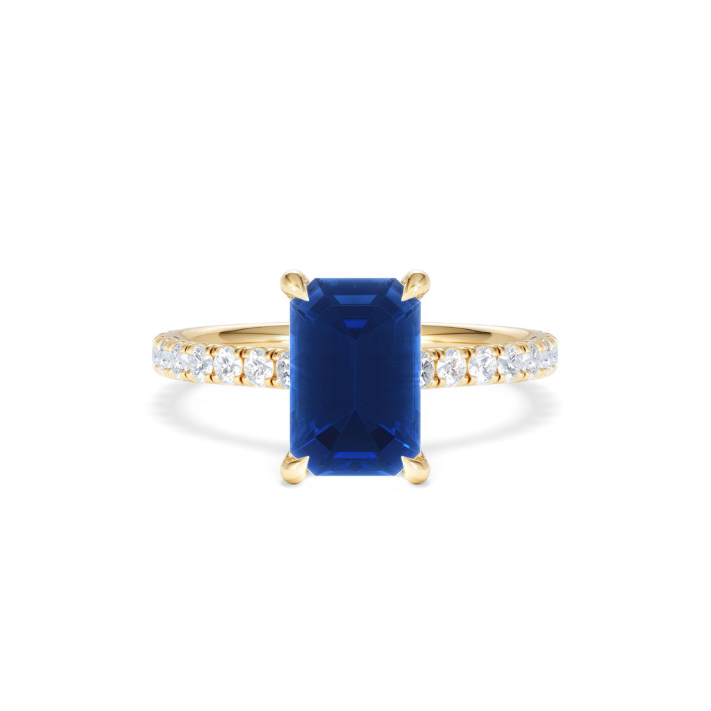 Amora 2.50ct Emerald Cut Lab Sapphire Hidden Halo Engagement Ring with Side Stones in 18K Yellow Gold