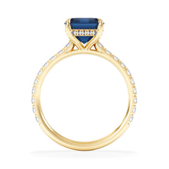 Amora Gem 2.50ct Emerald Cut Lab Sapphire Hidden Halo Engagement Ring with Side Stones in 18K Yellow Gold