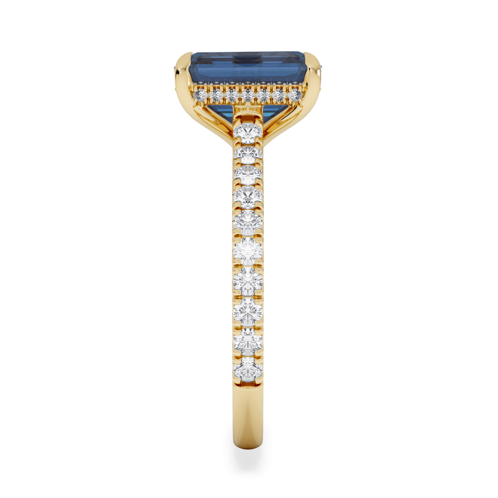 Amora Gem 2.50ct Emerald Cut Lab Sapphire Hidden Halo Engagement Ring with Side Stones in 18K Yellow Gold