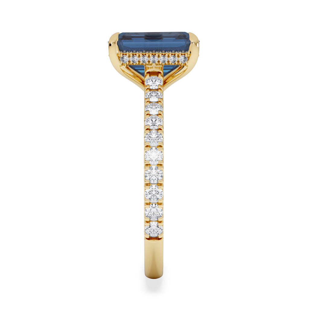 Amora Gem 2.50ct Emerald Cut Lab Sapphire Hidden Halo Engagement Ring with Side Stones in 18K Yellow Gold
