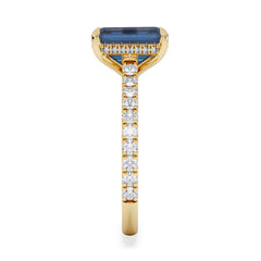 Amora Gem 2.50ct Emerald Cut Lab Sapphire Hidden Halo Engagement Ring with Side Stones in 18K Yellow Gold