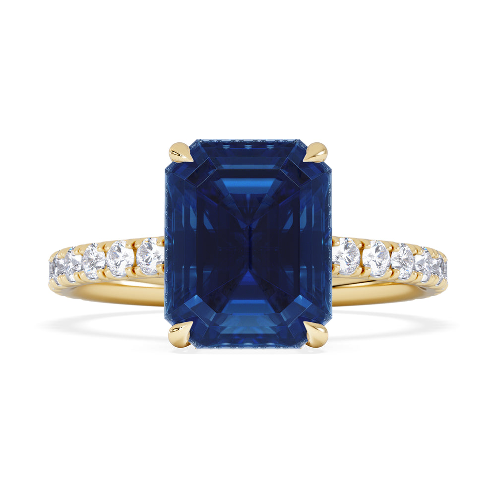 Amora Gem 2.50ct Emerald Cut Lab Sapphire Hidden Halo Engagement Ring with Side Stones in 18K Yellow Gold