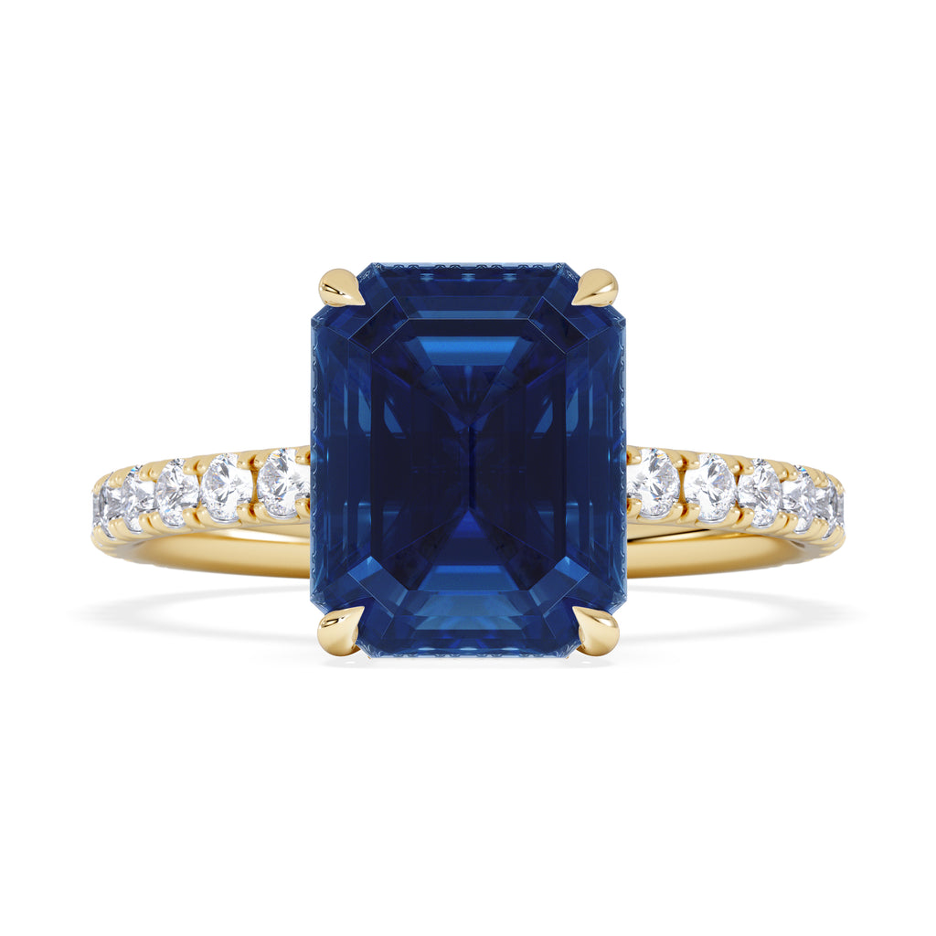 Amora Gem 2.50ct Emerald Cut Lab Sapphire Hidden Halo Engagement Ring with Side Stones in 18K Yellow Gold