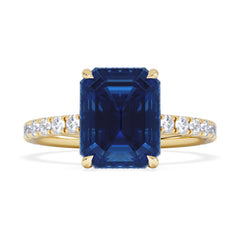 Amora Gem 2.50ct Emerald Cut Lab Sapphire Hidden Halo Engagement Ring with Side Stones in 18K Yellow Gold