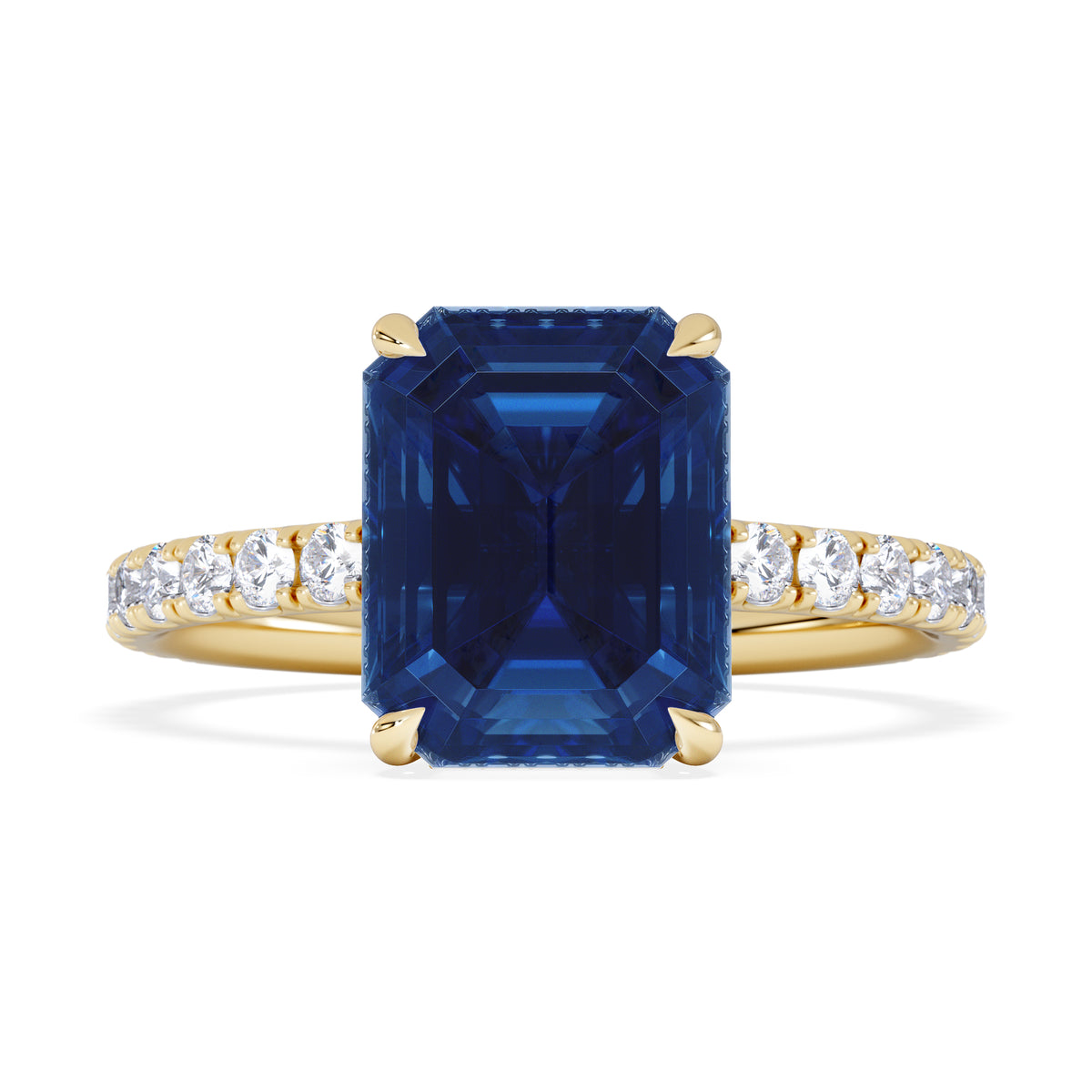 Amora Gem 2.50ct Emerald Cut Lab Sapphire Hidden Halo Engagement Ring with Side Stones in 18K Yellow Gold