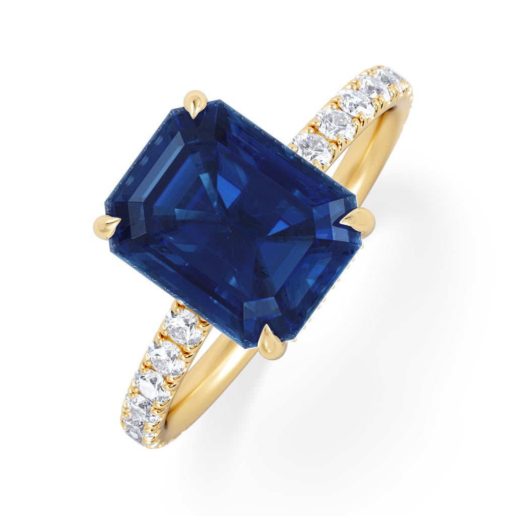 Amora Gem 2.50ct Emerald Cut Lab Sapphire Hidden Halo Engagement Ring with Side Stones in 18K Yellow Gold