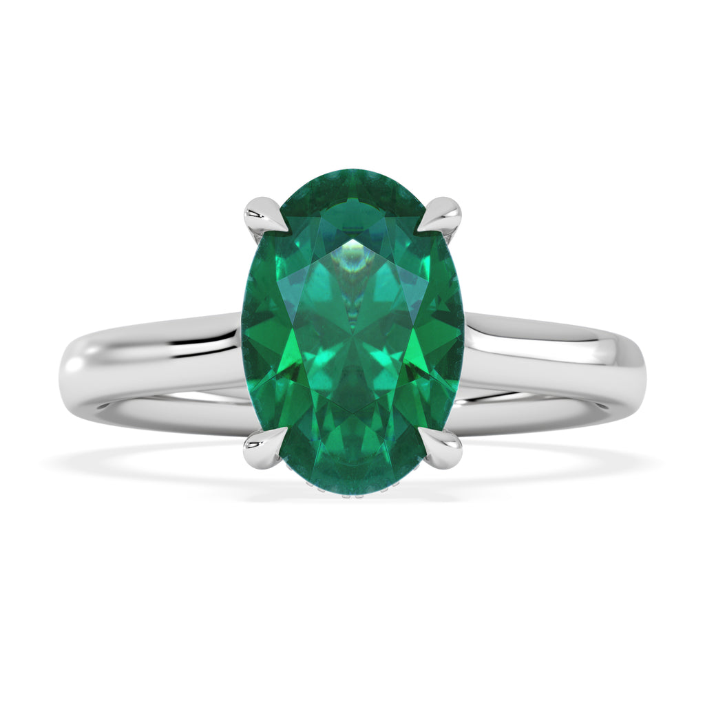 Amora Gem 2.00ct Oval Cut Lab Emerald Hidden Halo Engagement Ring in 18K White Gold