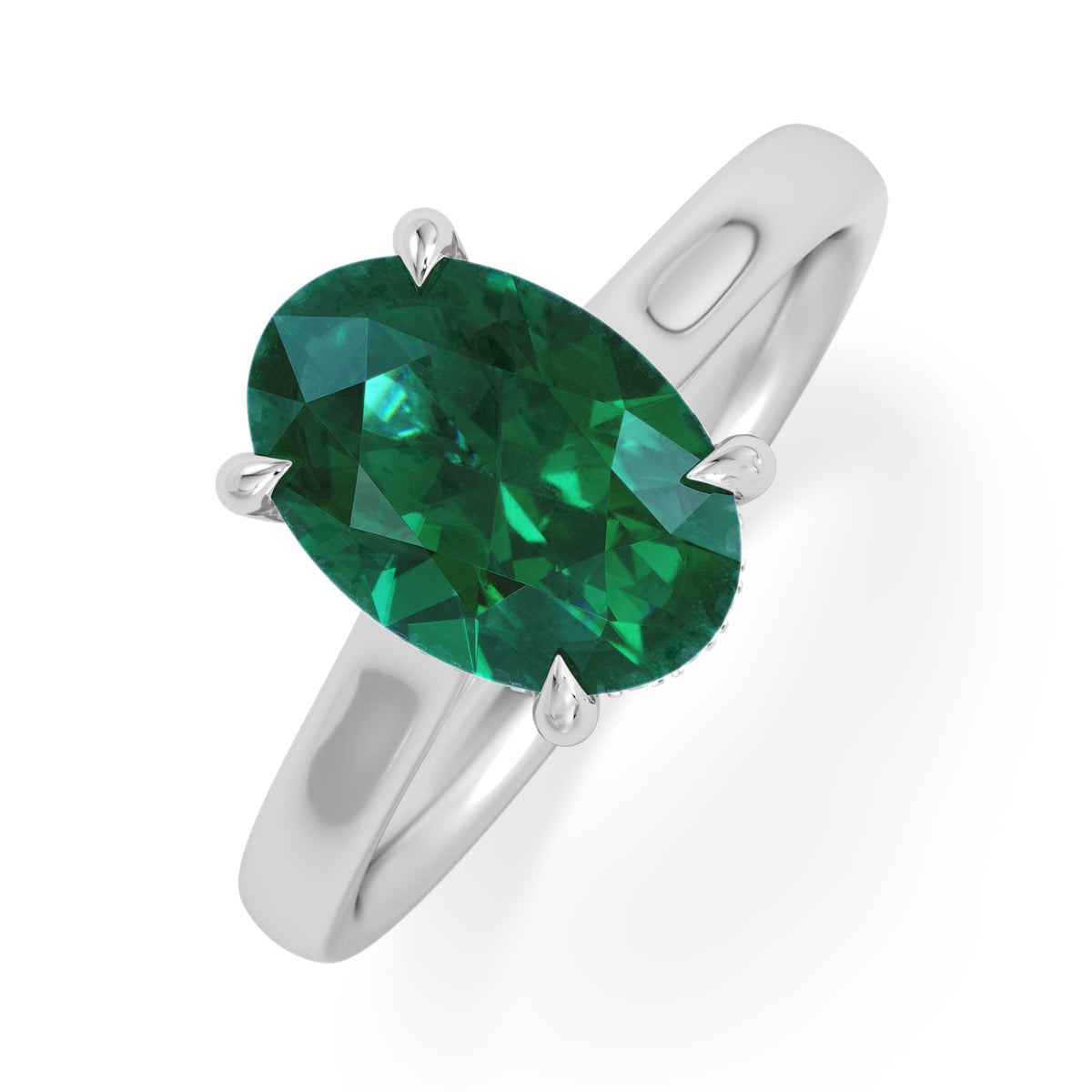 Amora Gem 2.00ct Oval Cut Lab Emerald Hidden Halo Engagement Ring in 18K White Gold