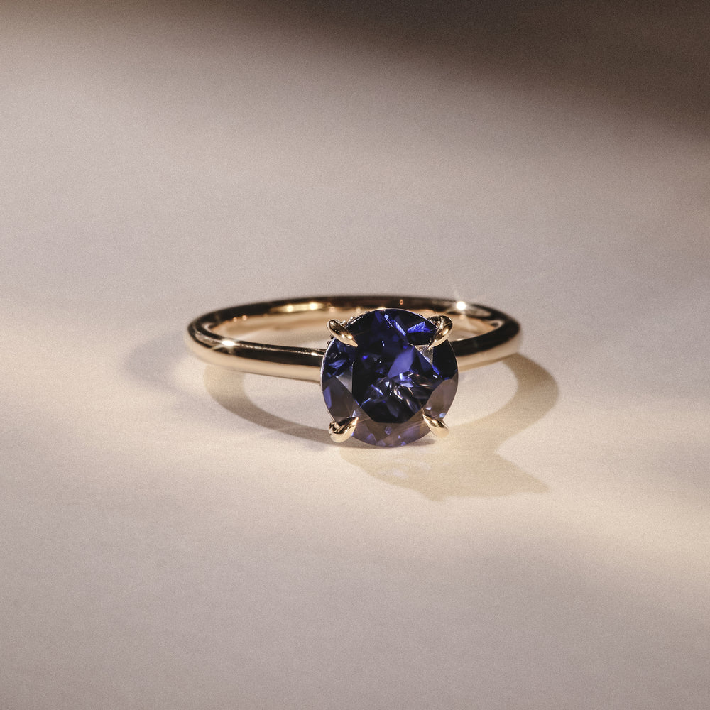 Amora Gem 2.00ct Round Cut Lab Sapphire Hidden Halo Engagement Ring in 18K Yellow Gold