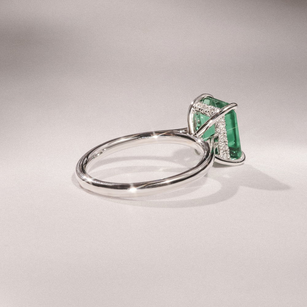 Amora Gem 2.00ct Oval Cut Lab Emerald Hidden Halo Engagement Ring in 18K White Gold