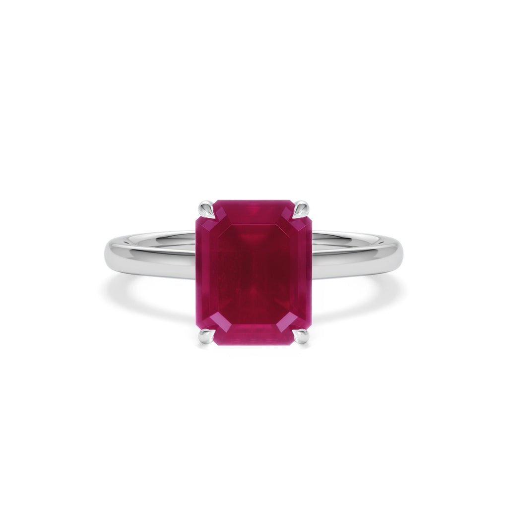 Amora 2.50ct Emerald Cut Lab Ruby Hidden Halo Engagement Ring in 18K White Gold