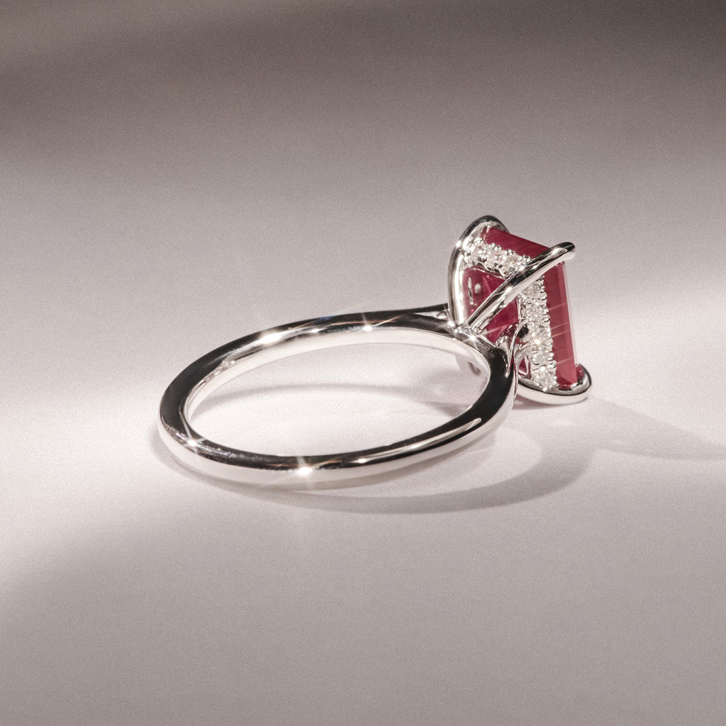 Amora Gem 2.50ct Emerald Cut Lab Ruby Hidden Halo Engagement Ring in 18K White Gold