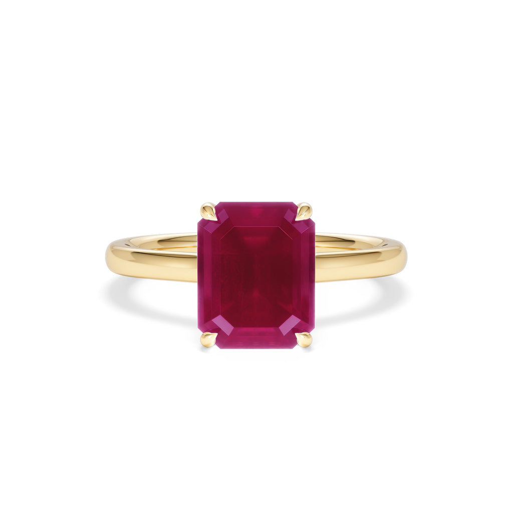 Amora 2.50ct Emerald Cut Lab Ruby Hidden Halo Engagement Ring in 18K Yellow Gold