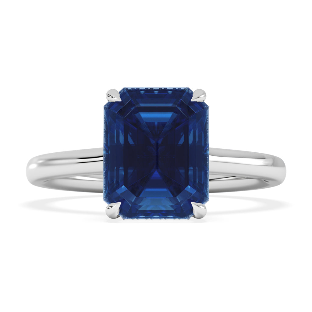 Amora Gem 2.50ct Emerald Cut Lab Sapphire Hidden Halo Engagement Ring in 18K White Gold