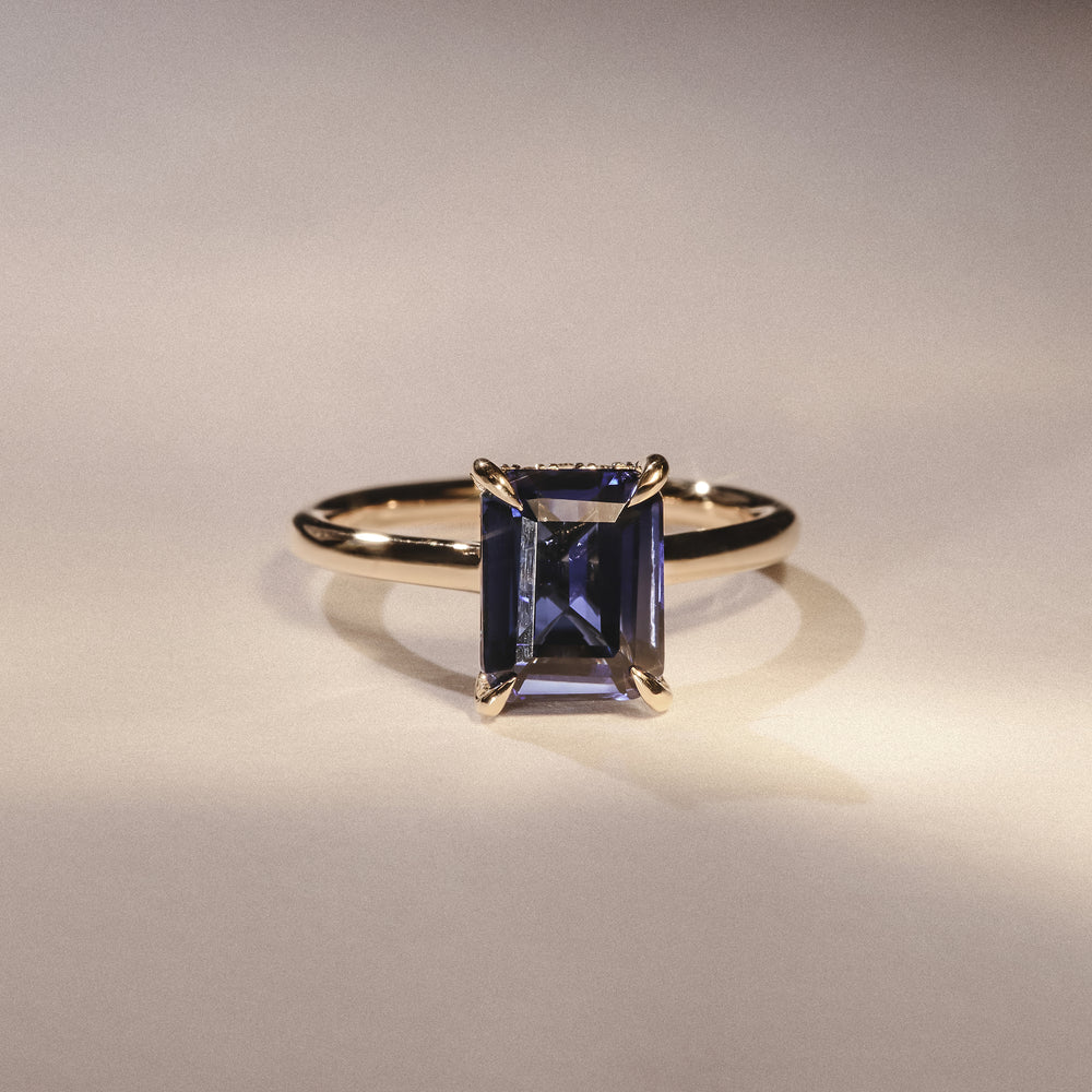 Amora Gem 2.50ct Emerald Cut Lab Sapphire Hidden Halo Engagement Ring in 18K Yellow Gold