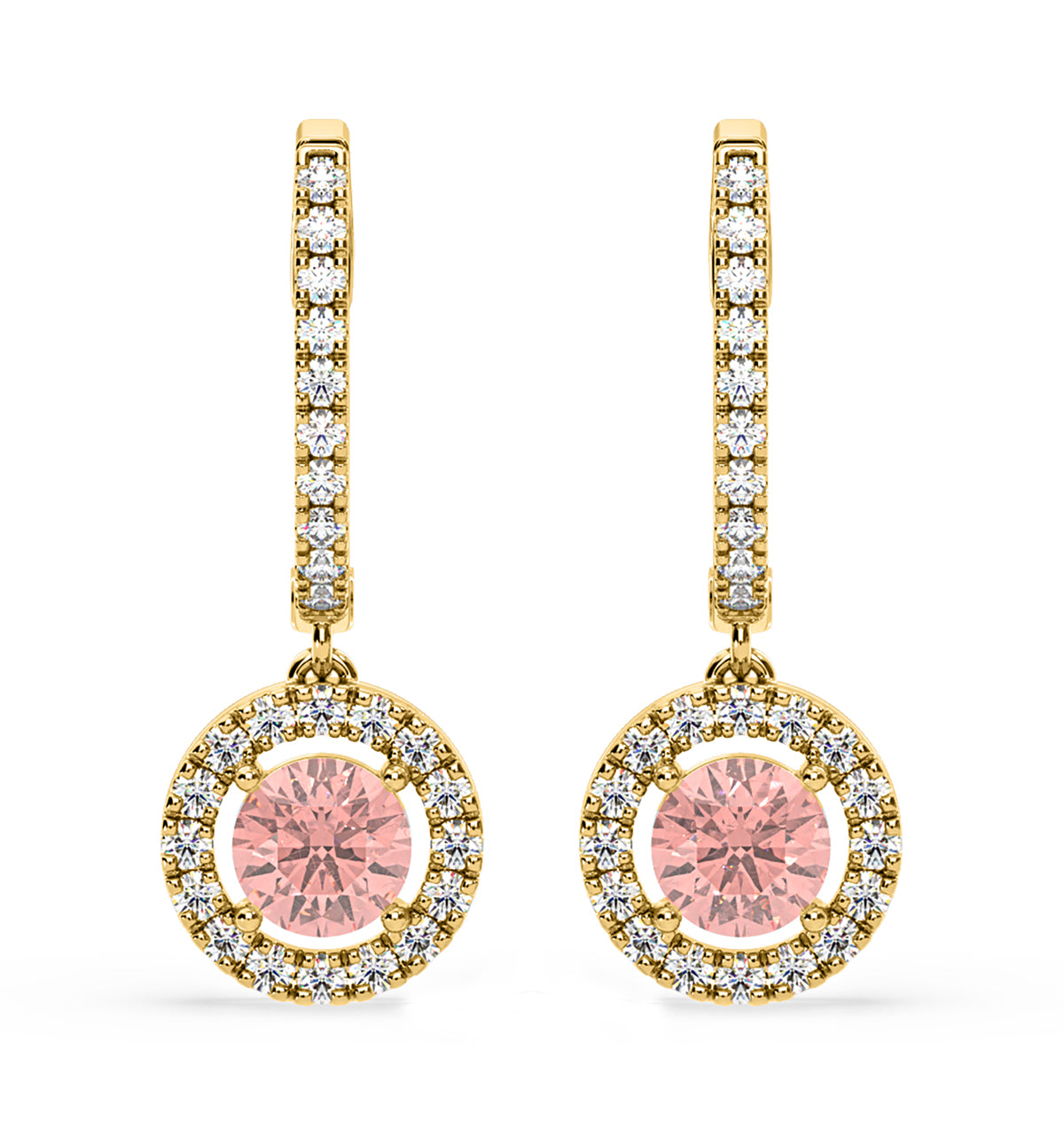 Ella Pink Lab Diamond 2.60ct Halo Drop Earrings in 18K Yellow Gold - Elara Collection