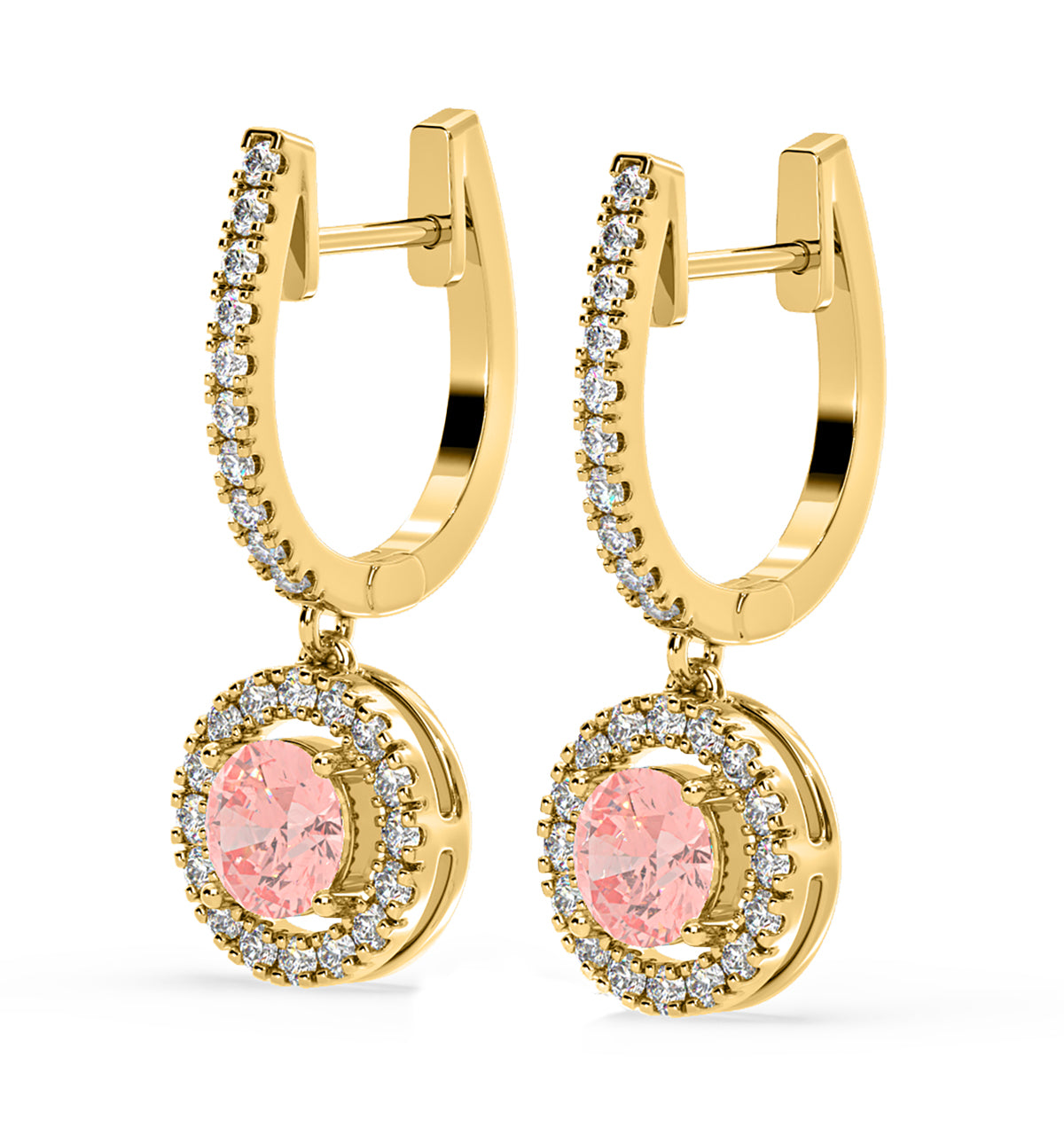 Ella Pink Lab Diamond 2.60ct Halo Drop Earrings in 18K Yellow Gold - Elara Collection