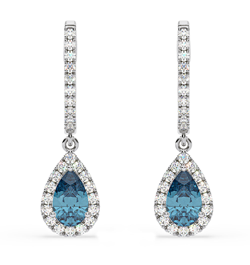 Diana Blue Lab Diamond 1.48ct Pear Halo Drop Earrings in 18K White Gold - Elara Collection