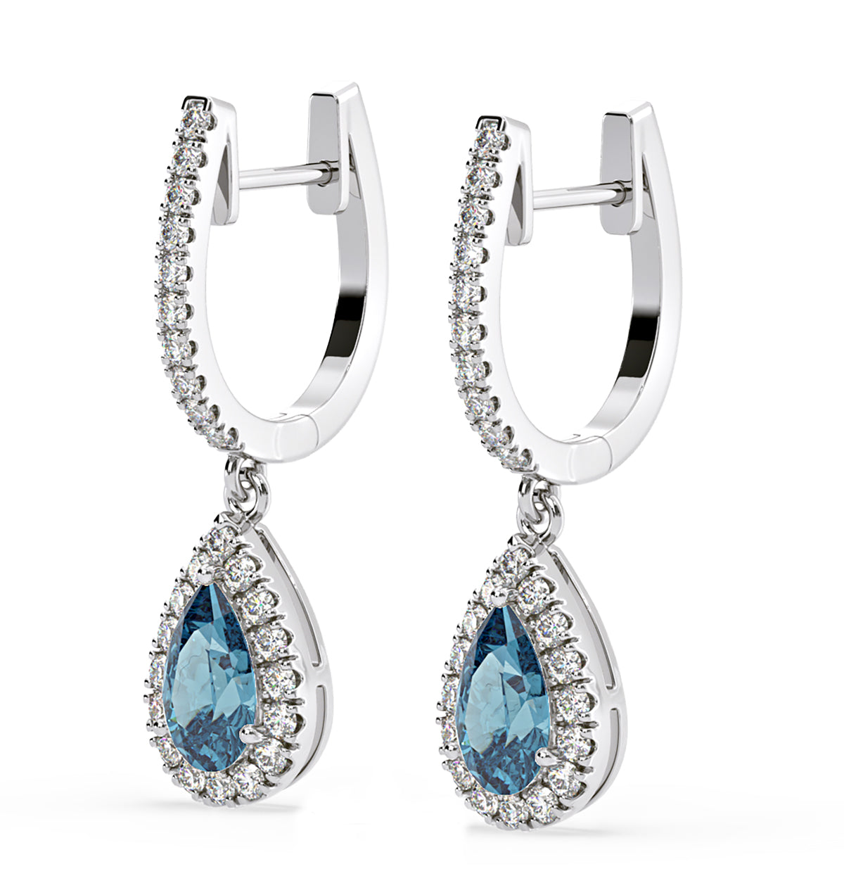 Diana Blue Lab Diamond 1.48ct Pear Halo Drop Earrings in 18K White Gold - Elara Collection